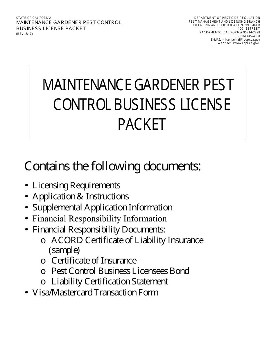 Maintenance Gardener Pest Control Business License Packet - California, Page 1