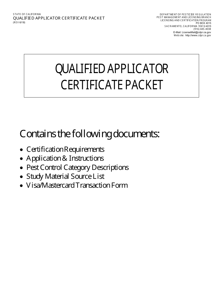 Qualified Applicator Certificate Packet - California, Page 1