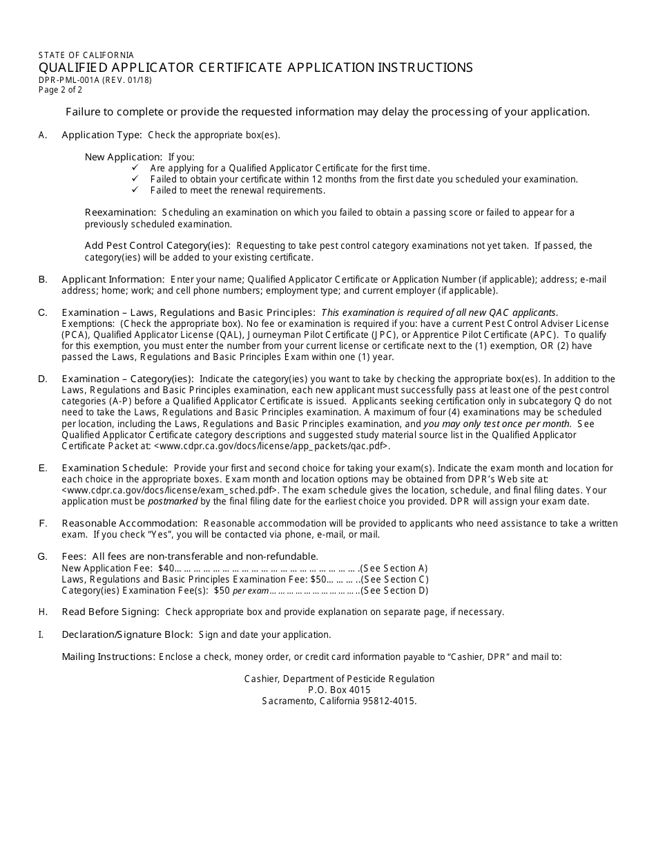 California Qualified Applicator Certificate Packet Fill Out, Sign