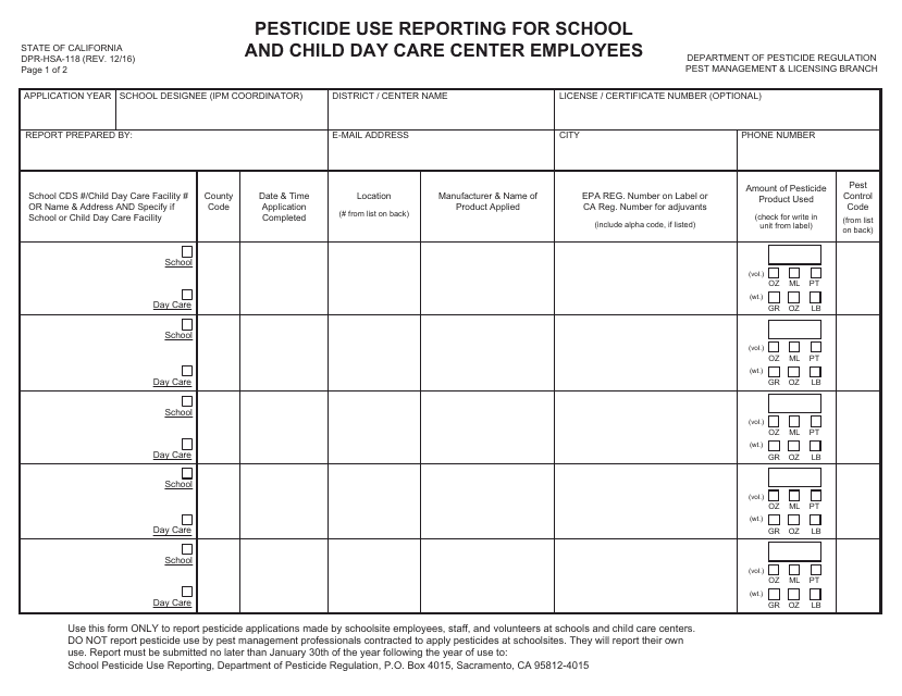 Form DPR-HSA-118 Pesticide Use Reporting for School and Child Day Care Center Employees - California