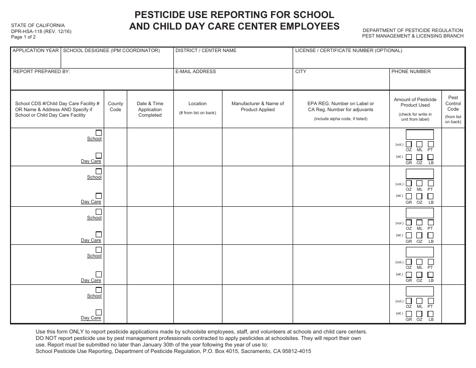 Form DPR-HSA-118 Pesticide Use Reporting for School and Child Day Care Center Employees - California, Page 1