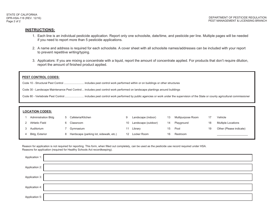 Form DPR-HSA-118 Pesticide Use Reporting for School and Child Day Care Center Employees - California, Page 2