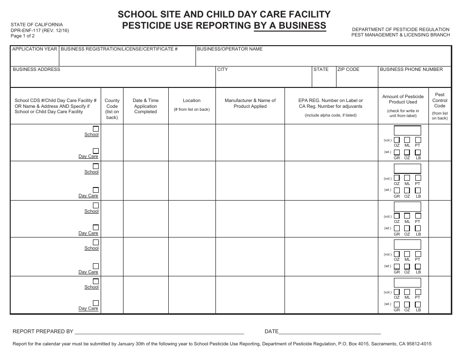 Form DPR-ENF-117 School Site and Child Day Care Facility Pesticide Use Reporting by a Business - California, Page 1