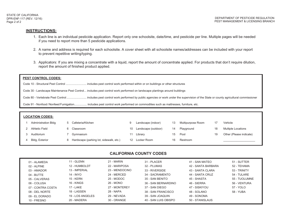 Form DPR-ENF-117 School Site and Child Day Care Facility Pesticide Use Reporting by a Business - California, Page 2