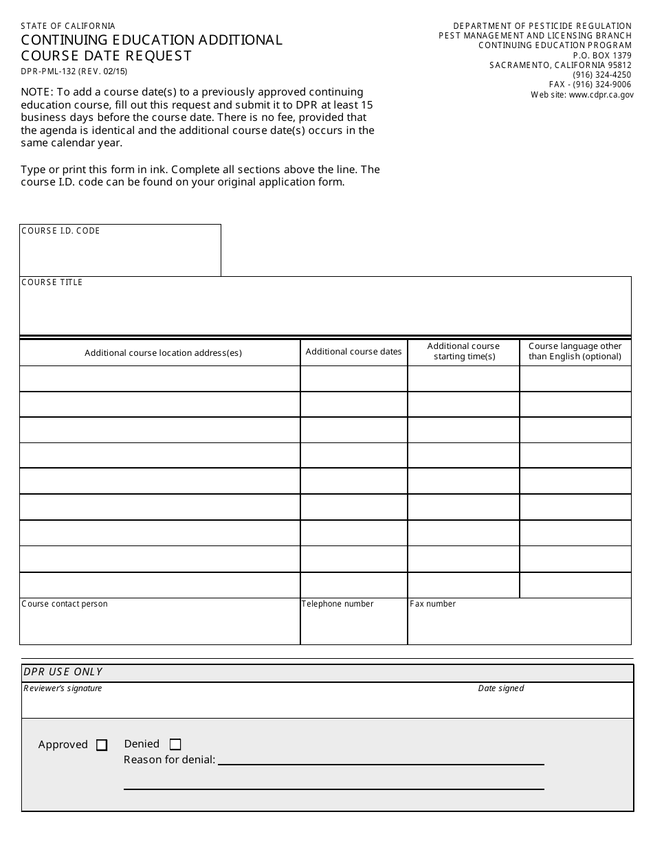 Form DPR-PML-132 Continuing Education Additional Course Date Request - California, Page 1
