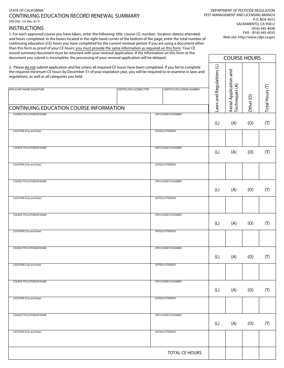 Form DPR-PML-123 Continuing Education Record Renewal Summary - California, Page 1