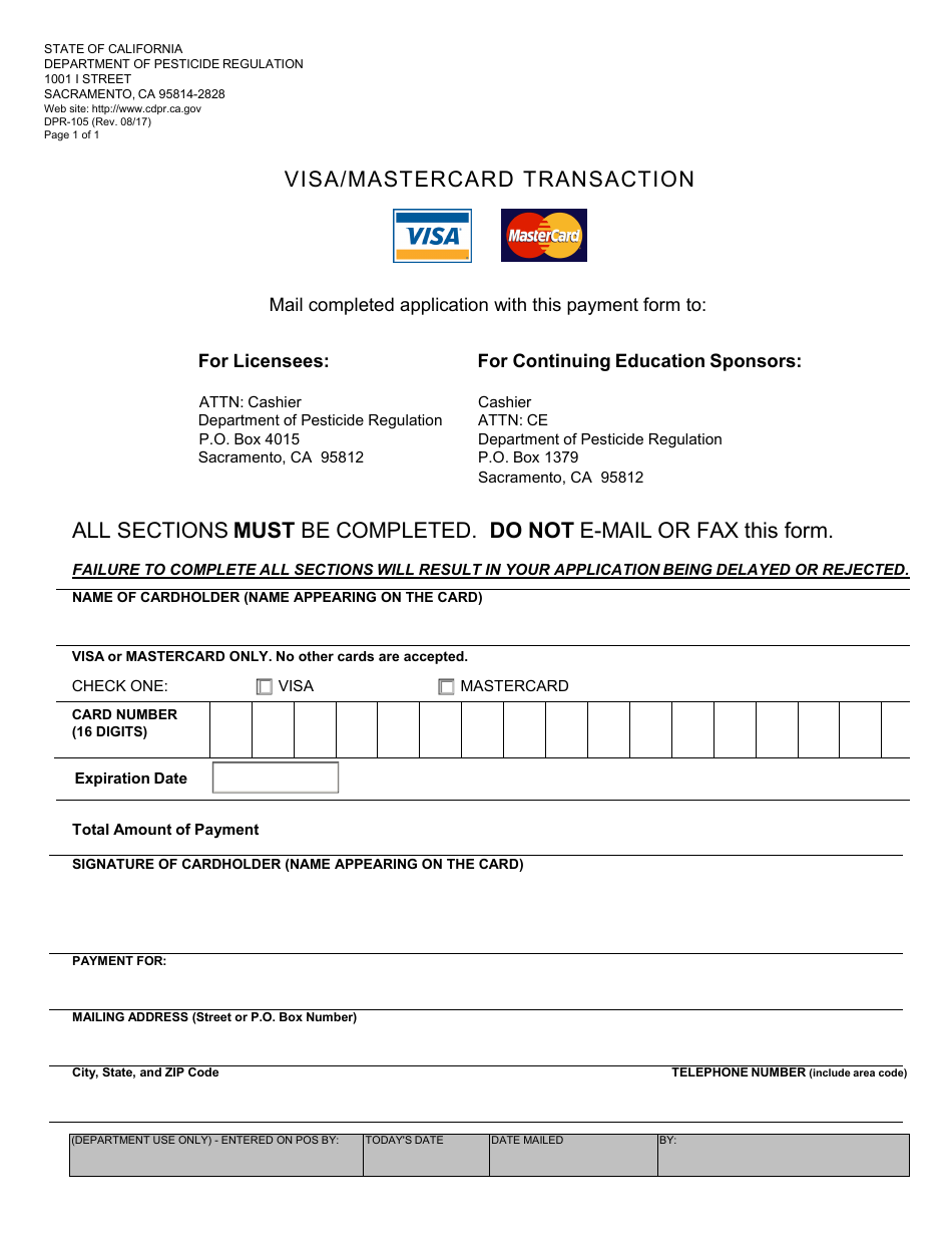 Form DPR-105 Visa / Mastercard Transaction - California, Page 1