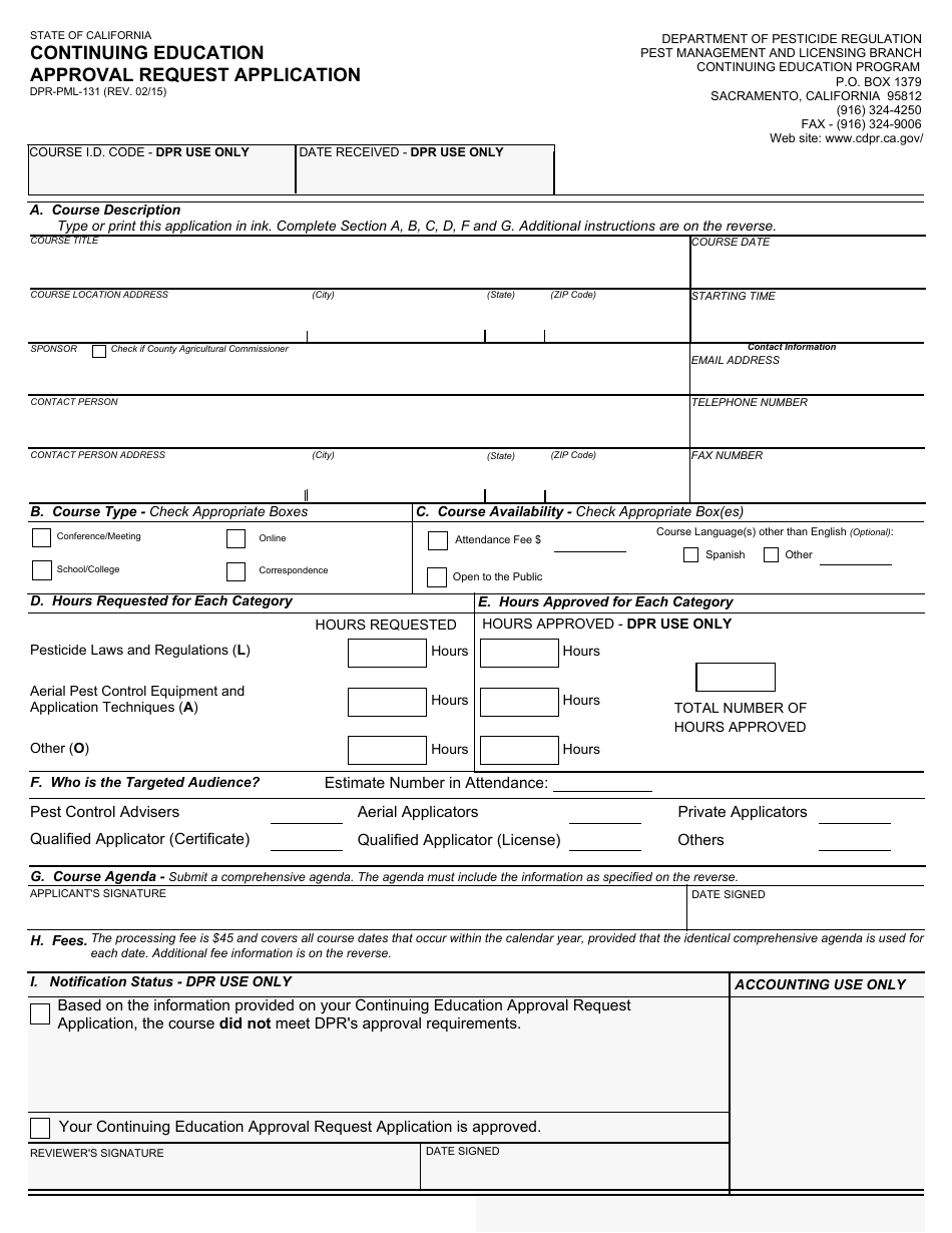 Form DPR-PML-131 Continuing Education Approval Request Application - California, Page 1
