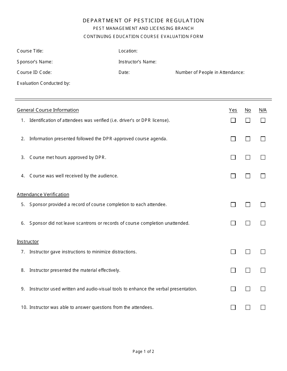 Continuing Education Course Evaluation Form - California, Page 1