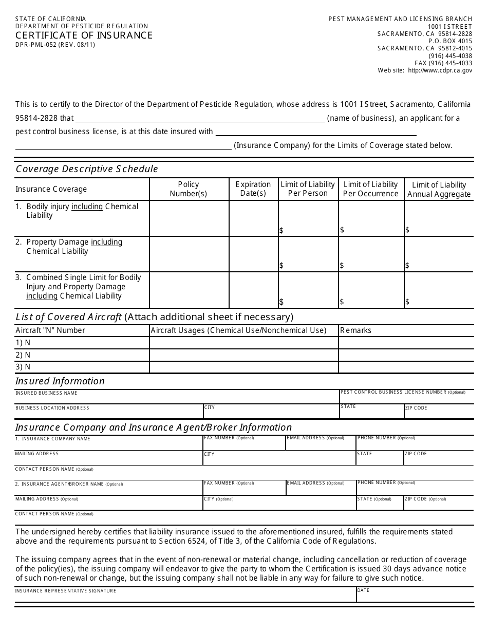 Form DPR-PML-052 Certificate of Insurance - California, Page 1