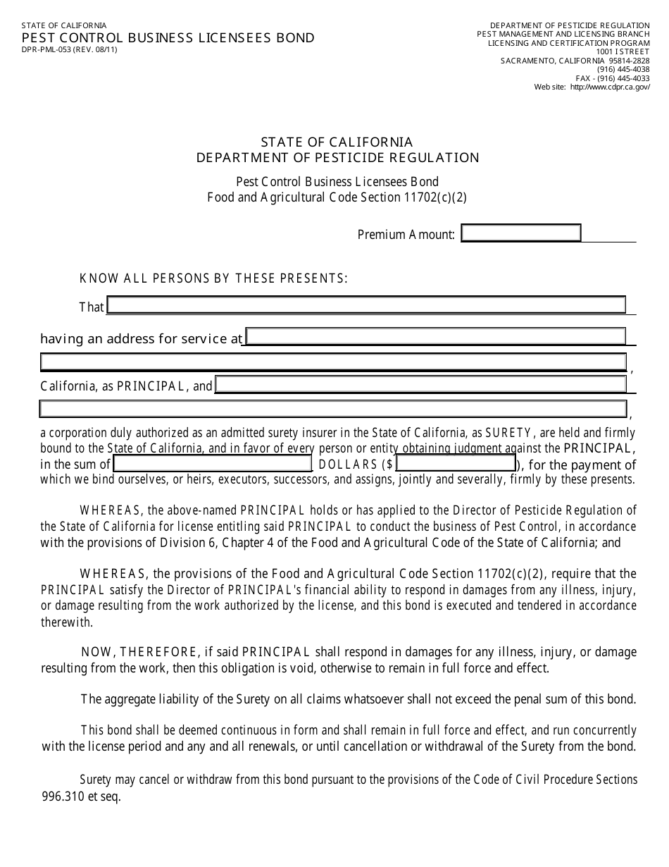Form DPR-PML-053 Pest Control Business Licensees Bond - California, Page 1