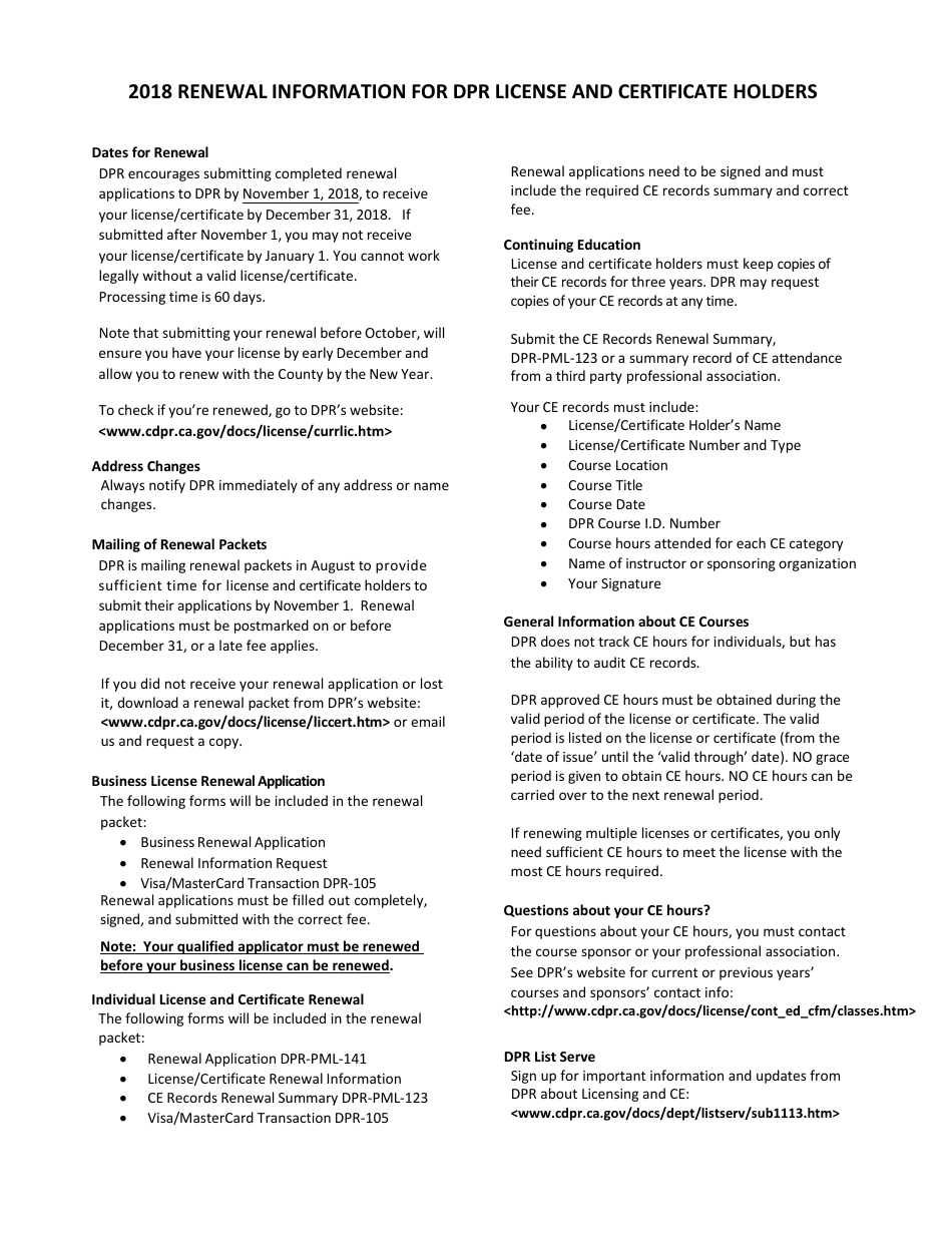 Pest Control Broker License Renewal Application Packet - California, Page 1