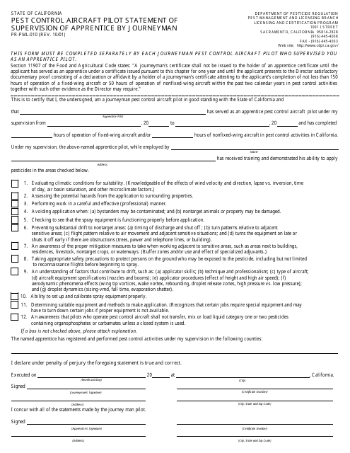 Form PR-PML-010 Pest Control Aircraft Pilot Statement of Supervision of Apprentice by Journeyman - California