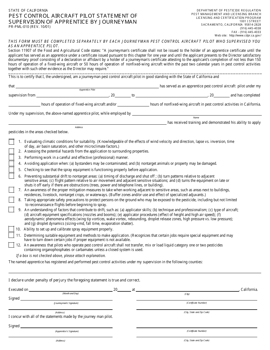 Form PR-PML-010 Pest Control Aircraft Pilot Statement of Supervision of Apprentice by Journeyman - California, Page 1