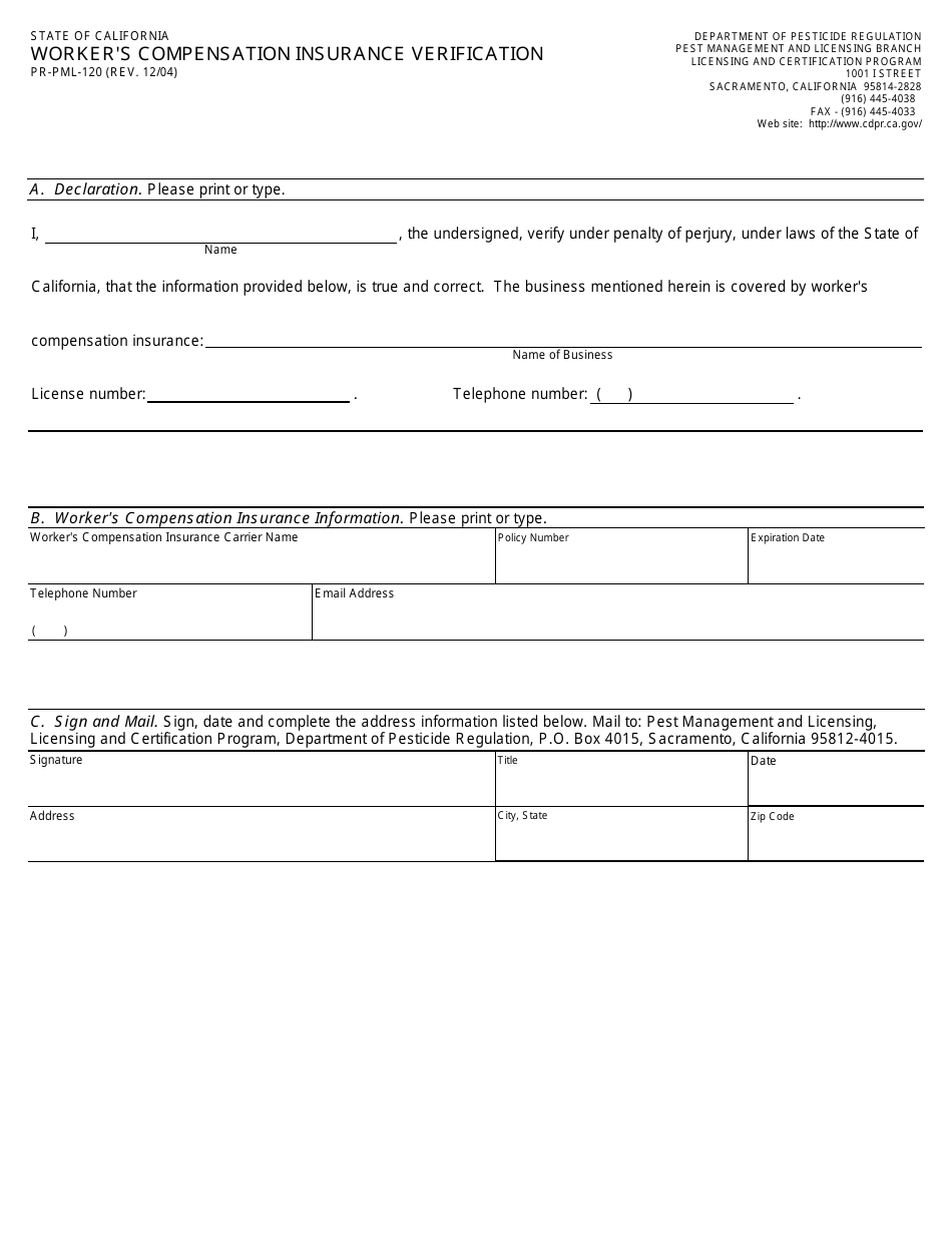 Form PR-PML-120 Workers Compensation Insurance Verification - California, Page 1