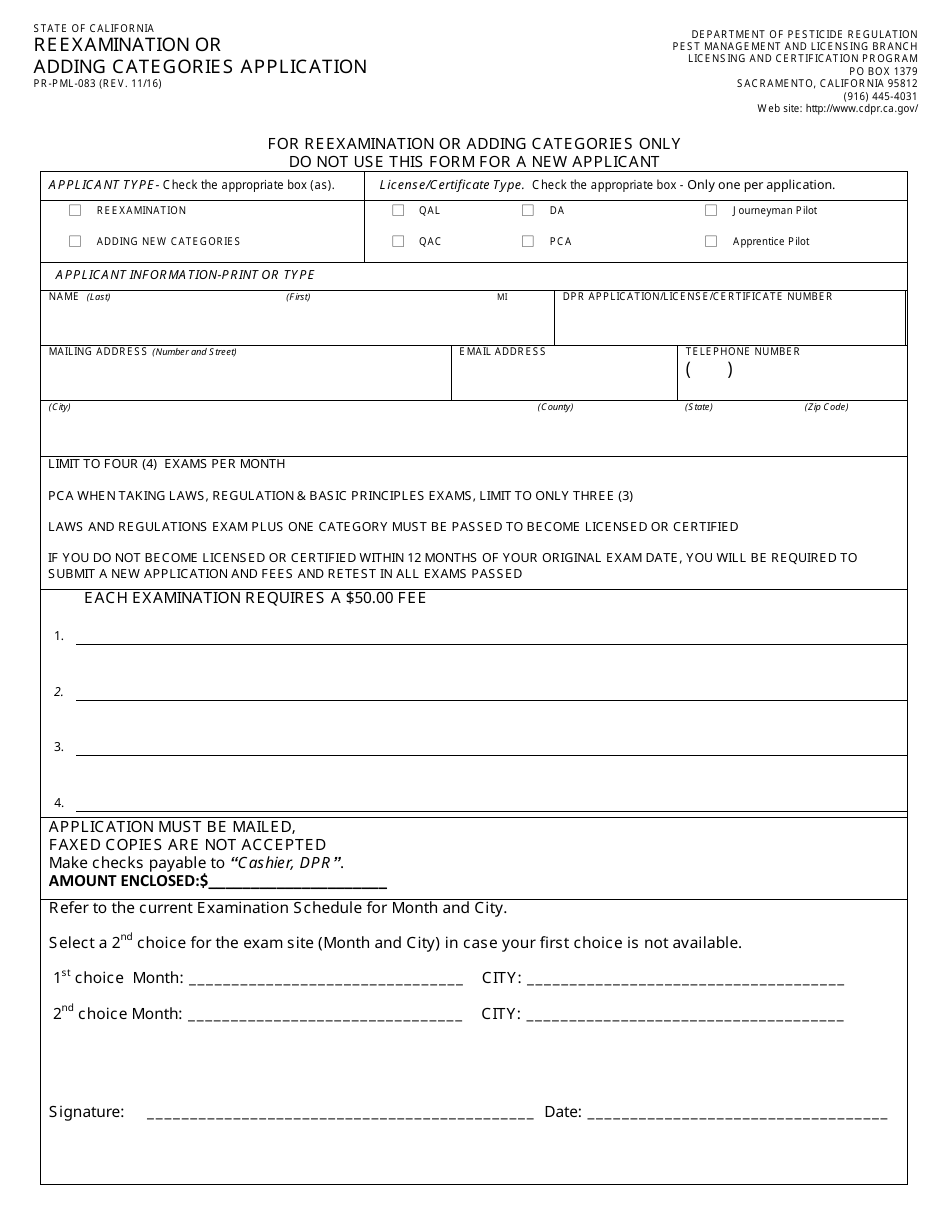 Form PR-PML-083 Reexamination or Adding Categories Application - California, Page 1