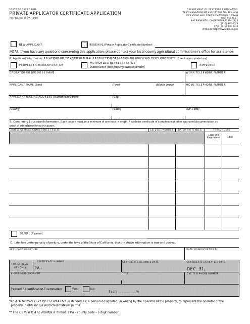 Form PR-PML-045 Private Applicator Certificate Application - California