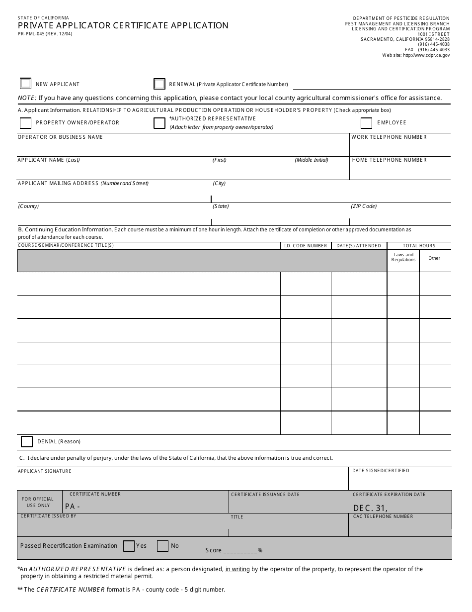 Form PR-PML-045 Private Applicator Certificate Application - California, Page 1