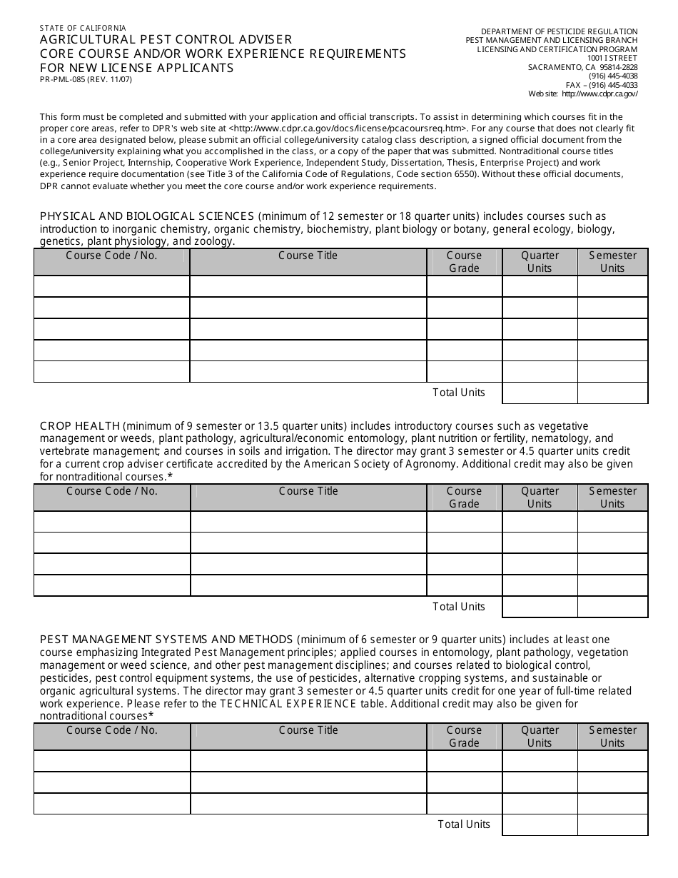 Form PR-PML-085 Agricultural Pest Control Adviser Core Course and / or Work Experience Requirements for New License Applicants - California, Page 1