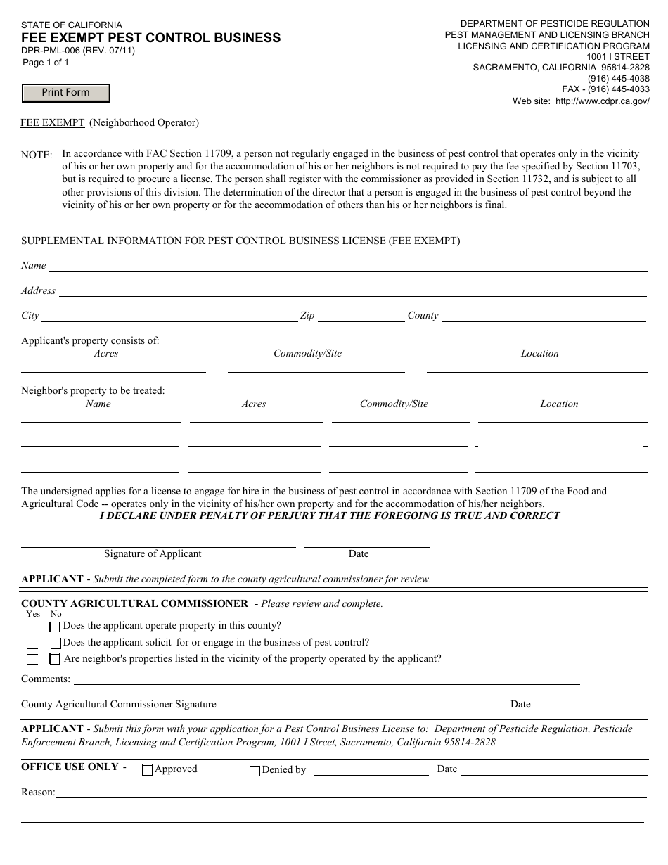 Form DPR-PML-006 - Fill Out, Sign Online and Download Fillable PDF ...