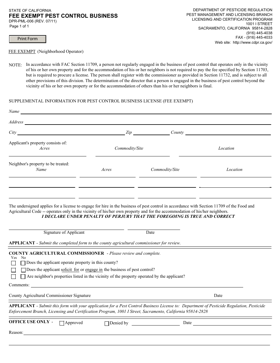 Form DPR-PML-006 Fee Exempt Pest Control Business - California, Page 1