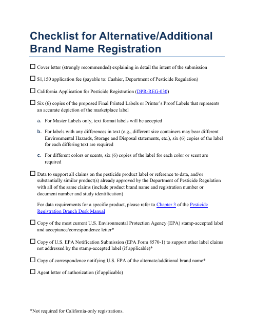 Checklist for Alternative/Additional Brand Name Registration - California