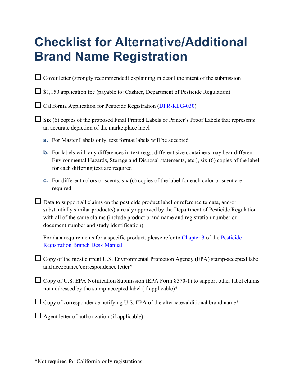 Checklist for Alternative / Additional Brand Name Registration - California, Page 1