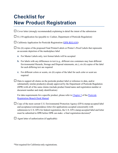 Checklist for New Product Registration - California
