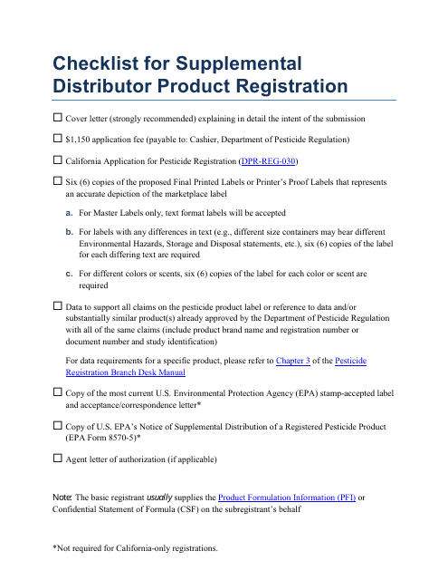 Checklist for Supplemental Distributor Product Registration - California
