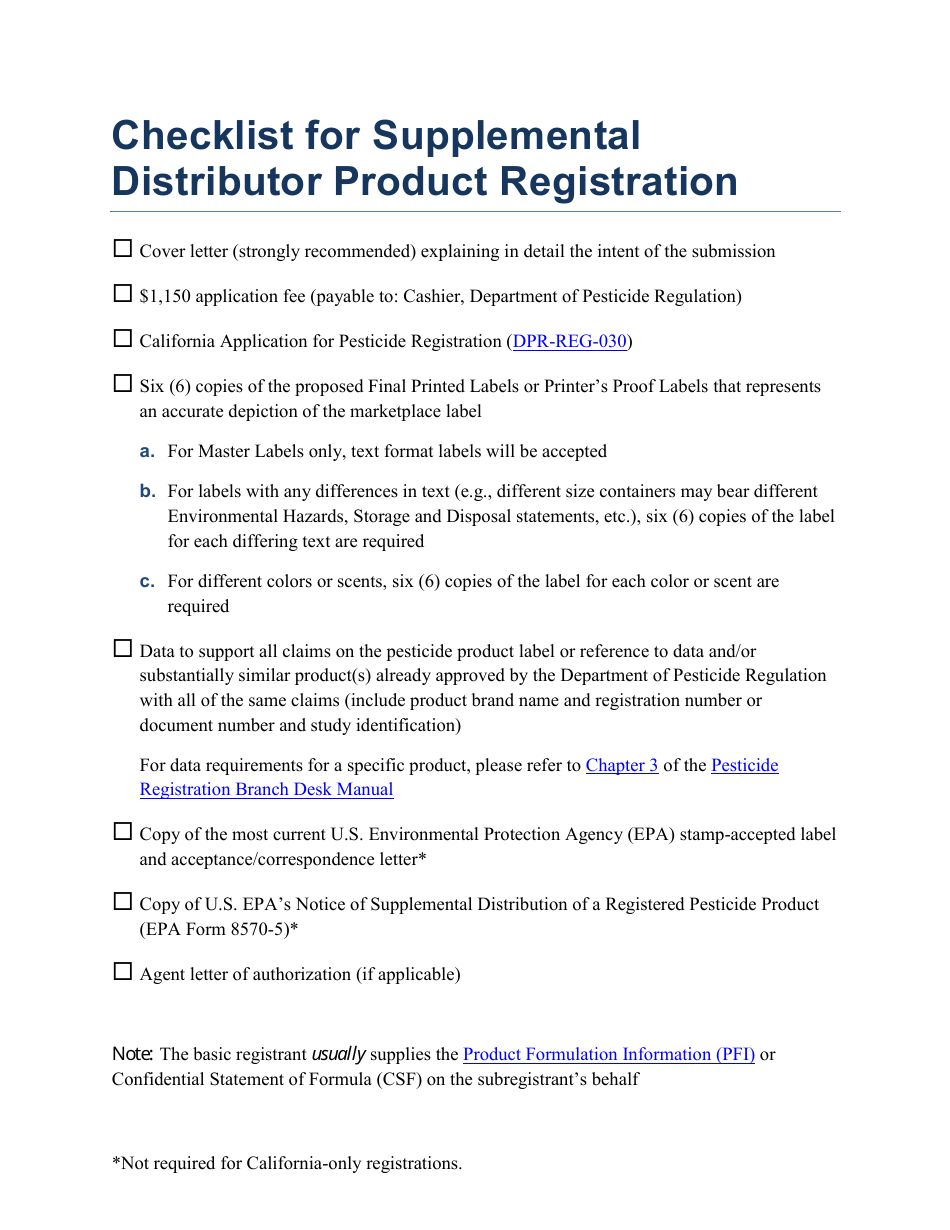 California Checklist for Supplemental Distributor Product Registration