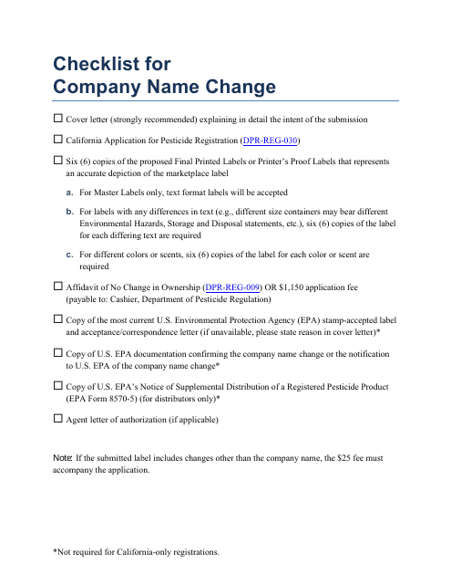 Checklist for Company Name Change - California Download Pdf