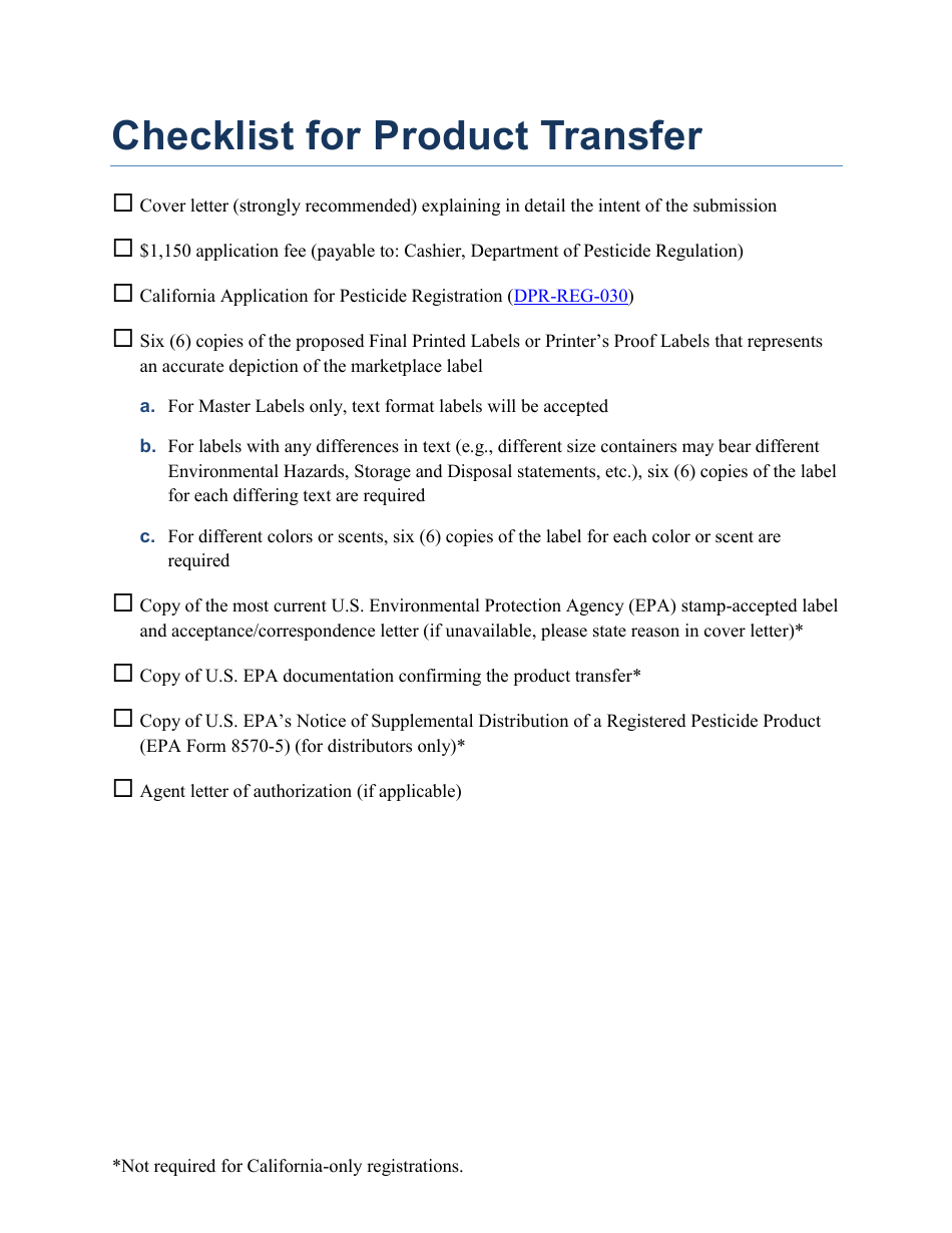Checklist for Product Transfer - California, Page 1