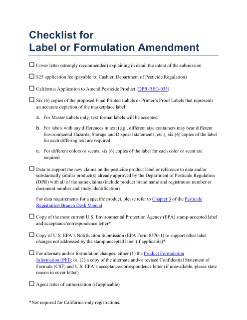 Checklist for Label or Formulation Amendment - California Download Pdf