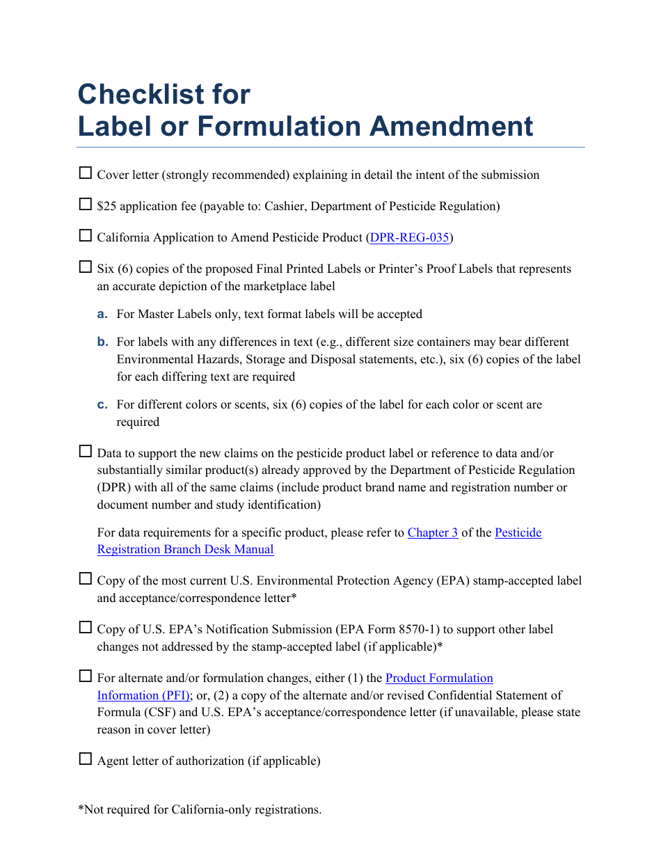 Checklist for Label or Formulation Amendment - California, Page 1