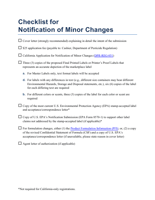 Checklist for Notification of Minor Changes - California