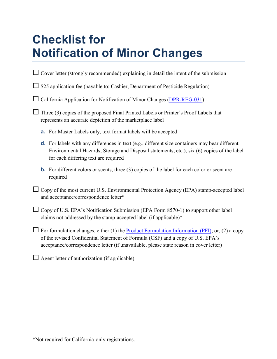 Checklist for Notification of Minor Changes - California, Page 1