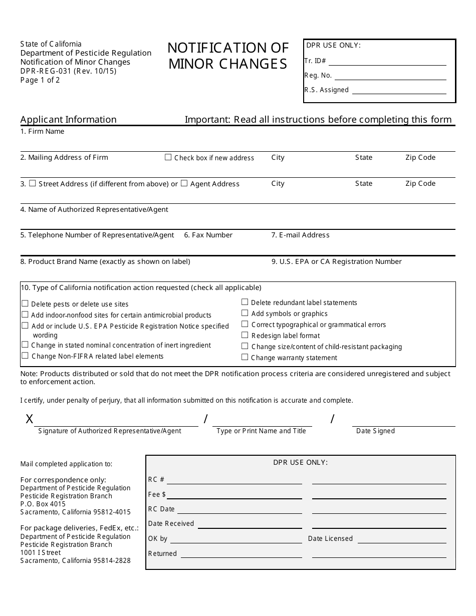 Form DPR-REG-031 - Fill Out, Sign Online and Download Fillable PDF ...