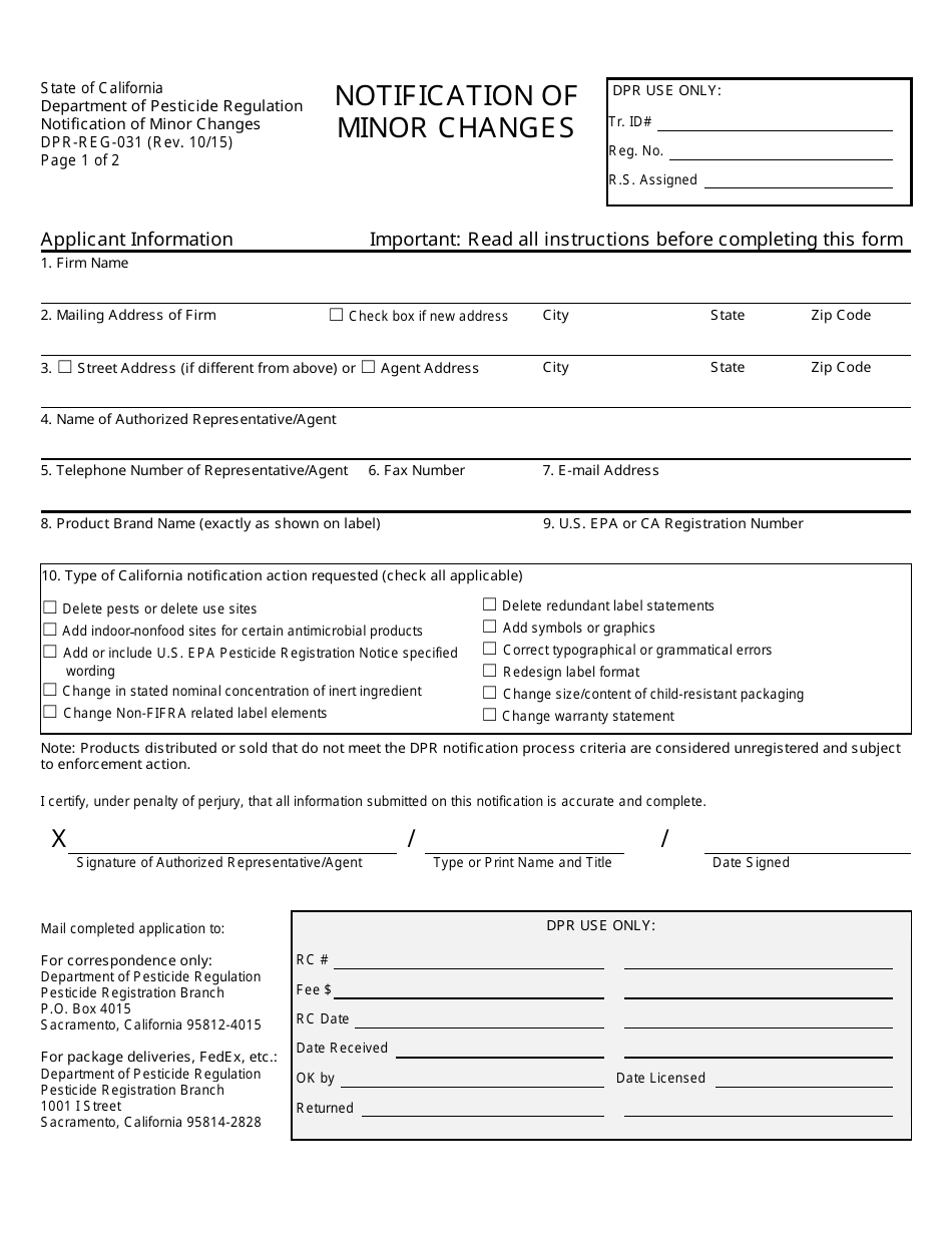 Form DPR-REG-031 Notification of Minor Changes - California, Page 1