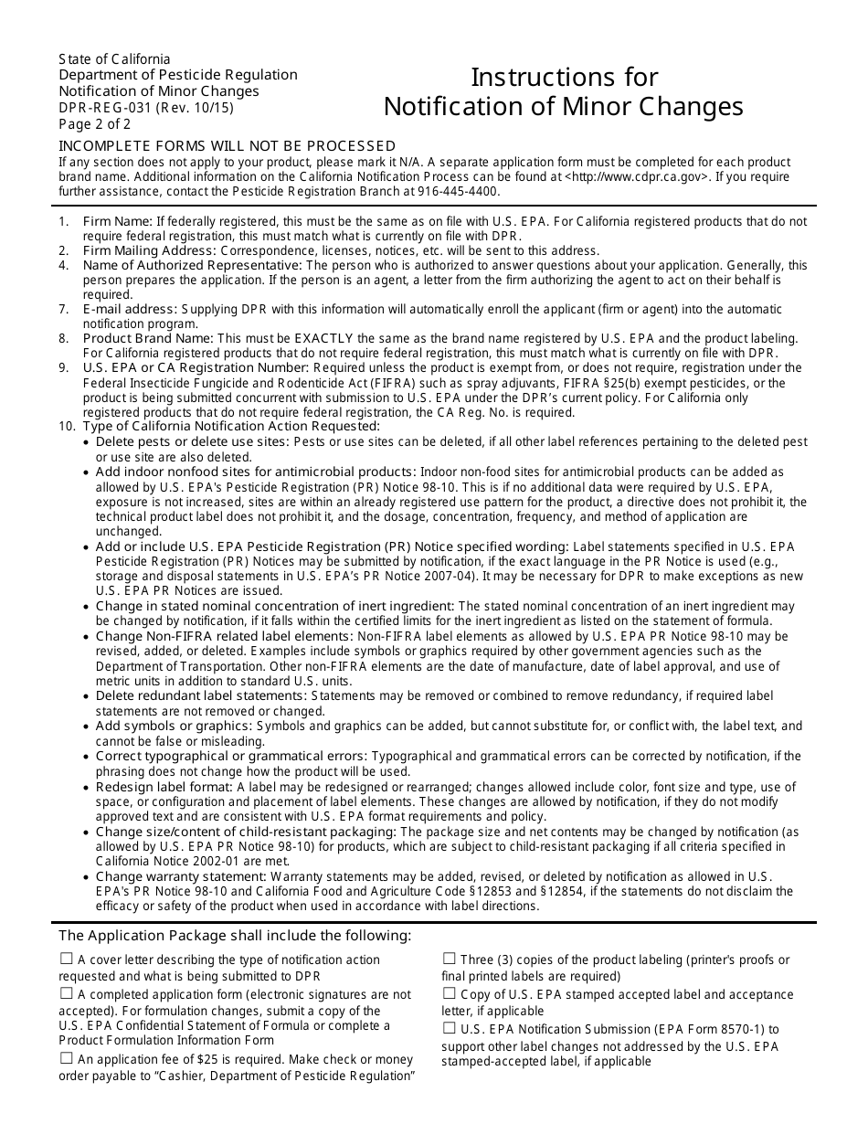 Form DPR-REG-031 Notification of Minor Changes - California, Page 2