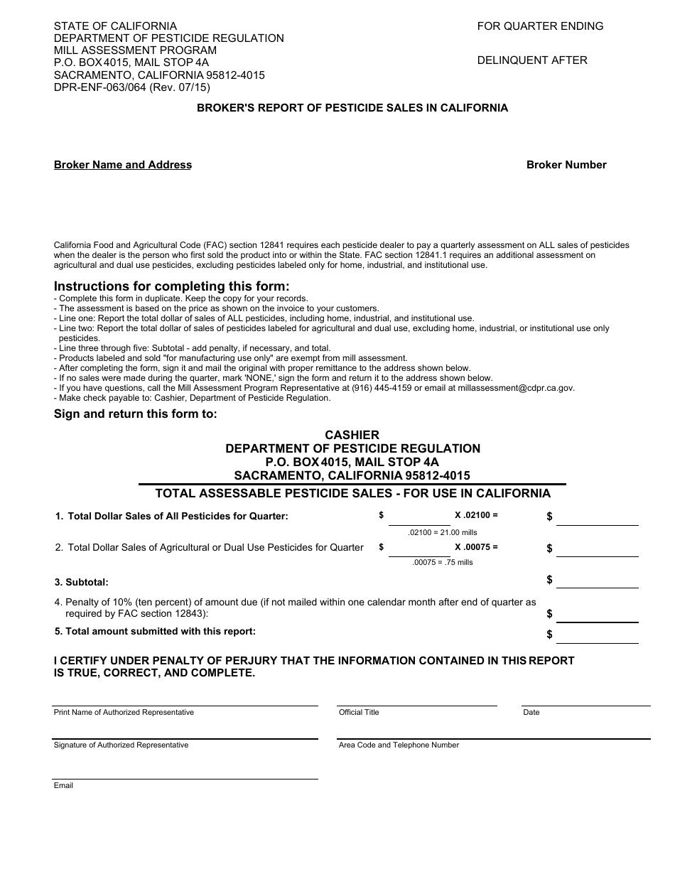 Form DPR-ENF-063 / 064 Brokers Report of Pesticide Sales in California - California, Page 1