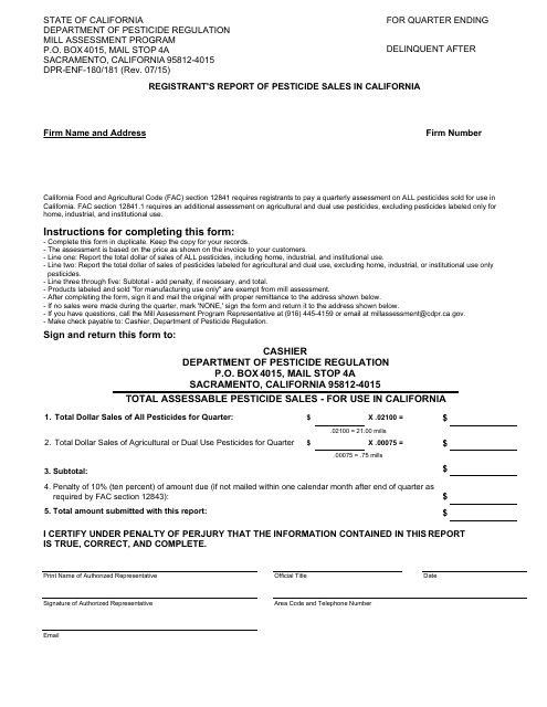 Form DPR-ENF-180/181 Registrant's Report of Pesticide Sales in California - California