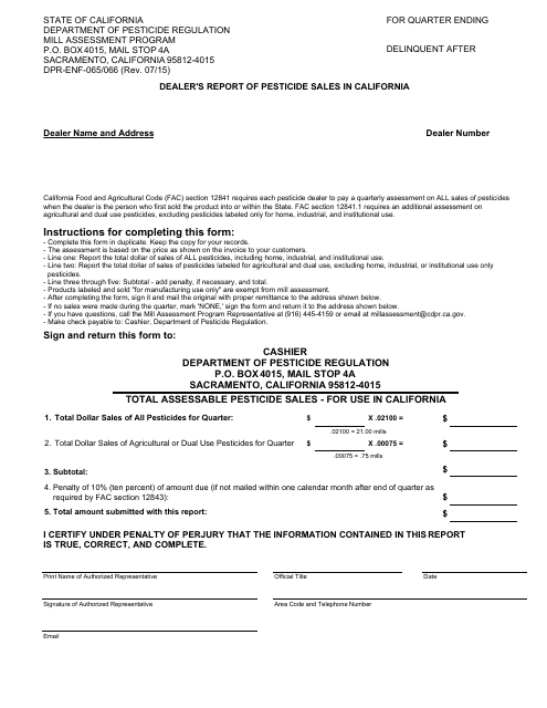 Form DPR-ENF-065/066 Dealer's Report of Pesticide Sales in California - California