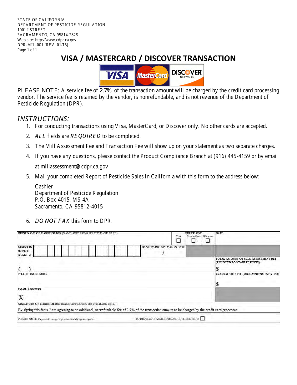 Form DPR-MIL-001 Visa / Mastercard / Discover Transaction - California, Page 1