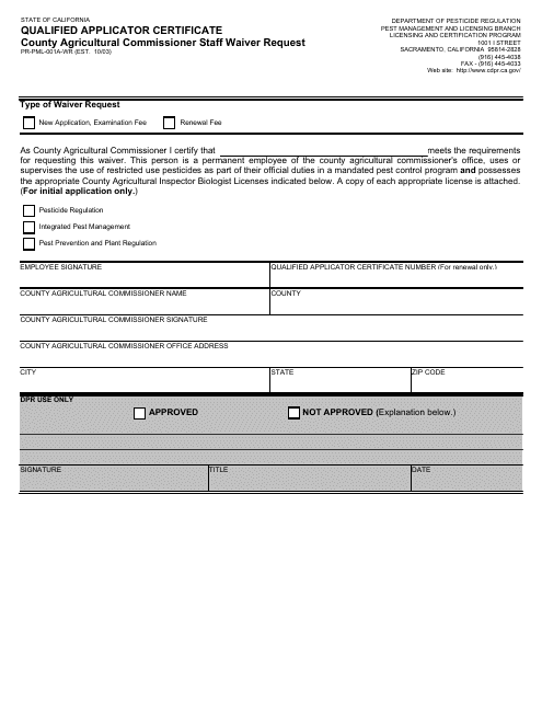Form PR-PML-001A-WR Qualified Applicator Certificate - County Agricultural Commissioner Staff Waiver Request - California