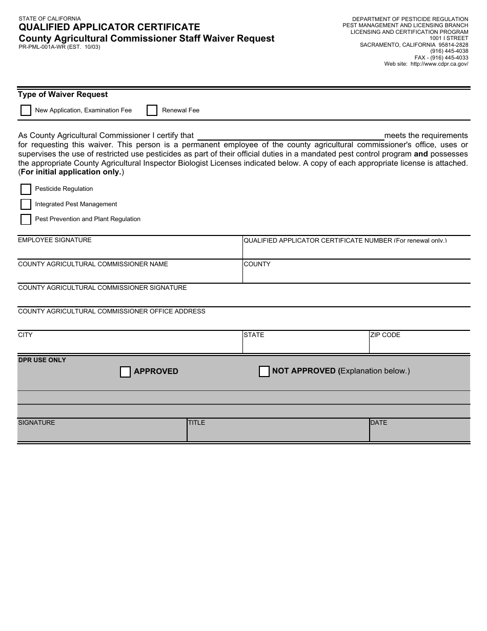 Form PR-PML-001A-WR Qualified Applicator Certificate - County Agricultural Commissioner Staff Waiver Request - California, Page 1