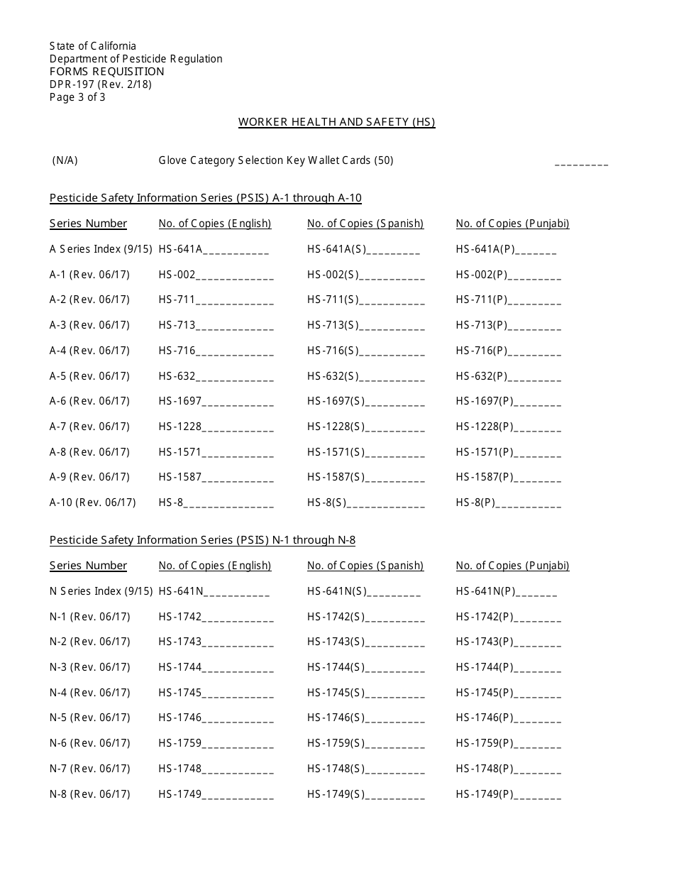 Form DPR-197 Forms Requisition - California, Page 3