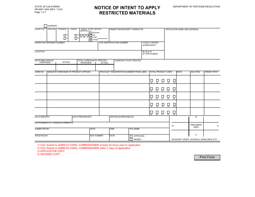 Form PR-ENF-126X Notice of Intent to Apply Restricted Materials - California