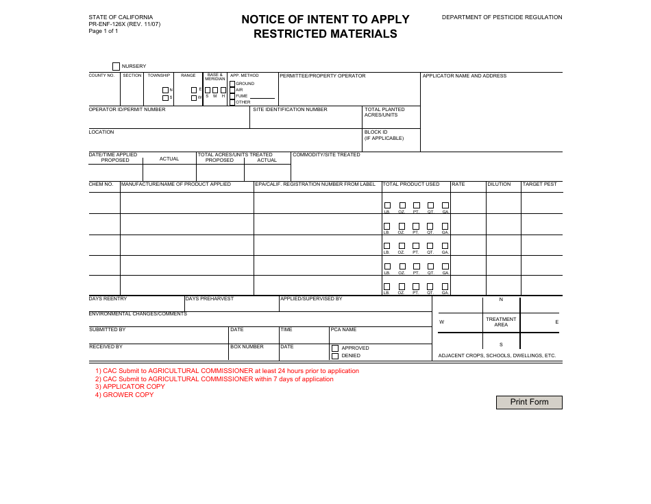 Form PR-ENF-126X Notice of Intent to Apply Restricted Materials - California, Page 1