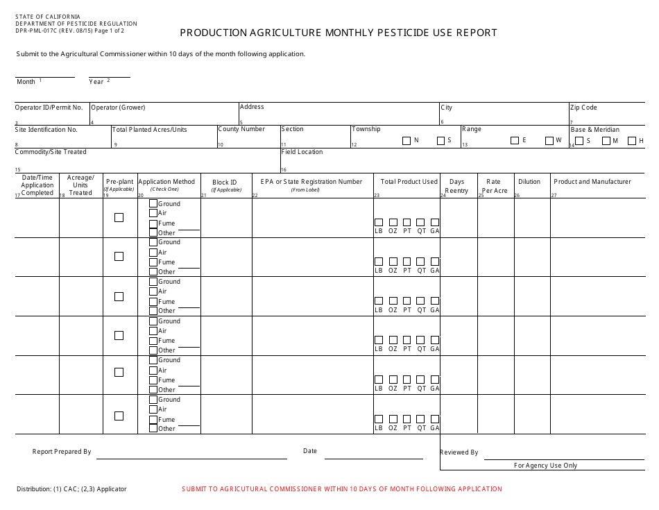 Form DPR-PML-017C Production Agriculture Monthly Pesticide Use Report - California, Page 1