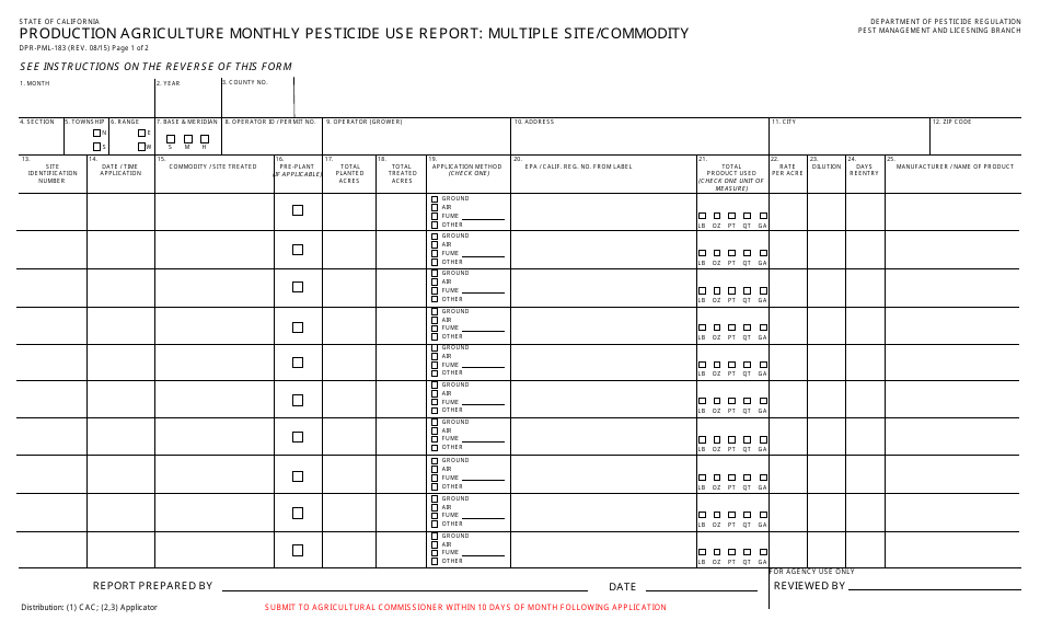 Form DPR-PML-183 Production Agriculture Monthly Pesticide Use Report: Multiple Site / Commodity - California, Page 1